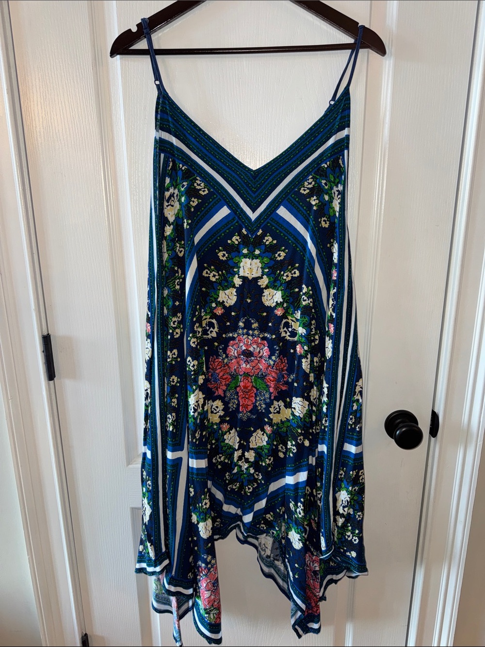 Flying Tomato Navy Floral Sleeveless Handkerchief-Hem Dress